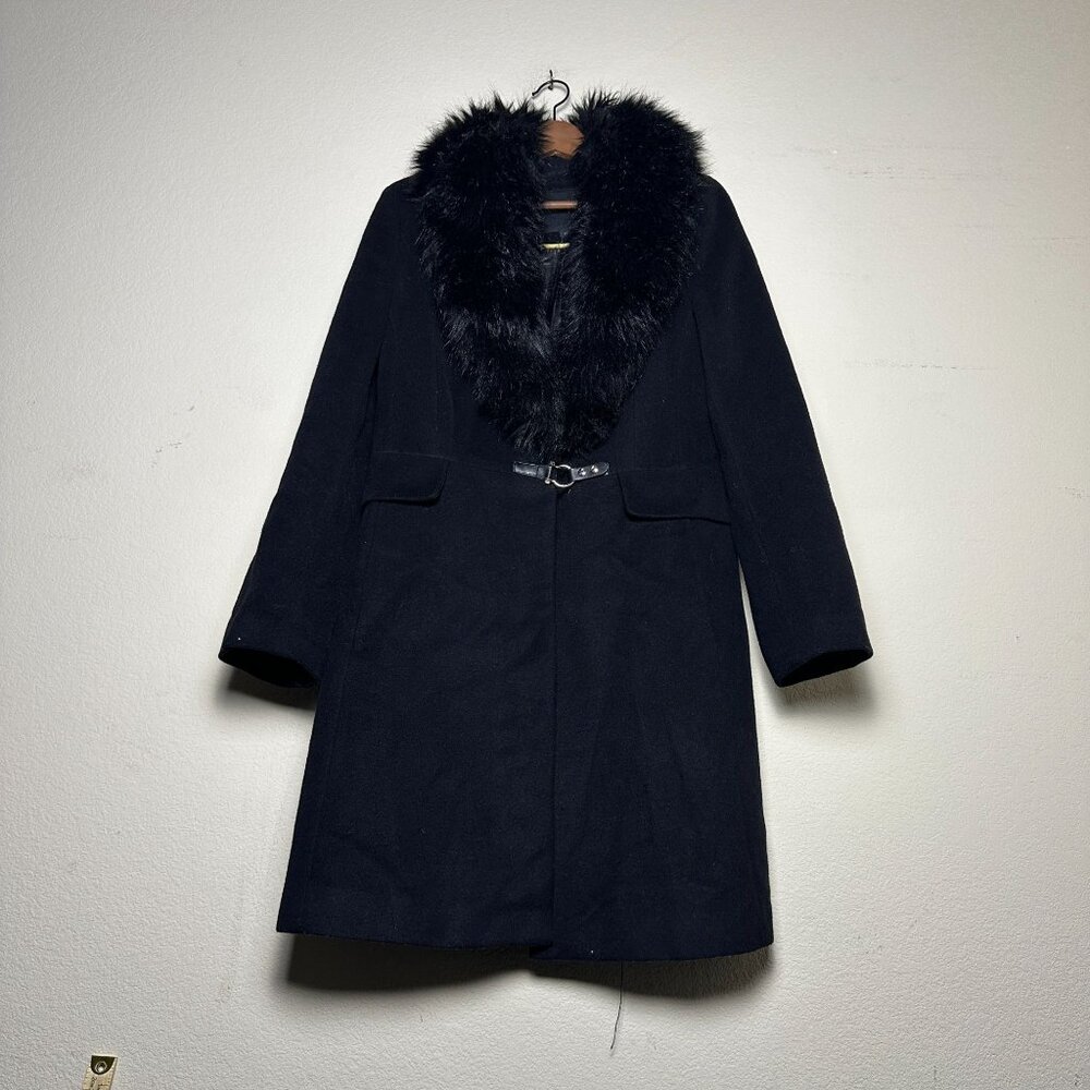 Ivanka Trump Peacoat Jacket Women 12 Black Outerwear Faux Fur Trim Belted Wool